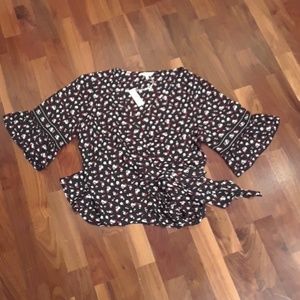 Max Studio Floral Ruffle Sleeve Wrap Blouse